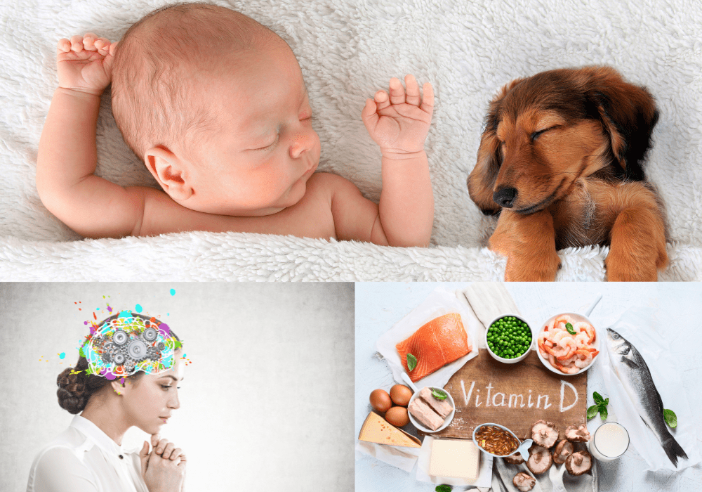 baby sleeping, woman thinking, healthy foods